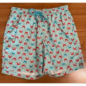 Lands' End Swim Trunks Men Crab Print Aqua‎ Blue Red Lined Drawstring 7.5"